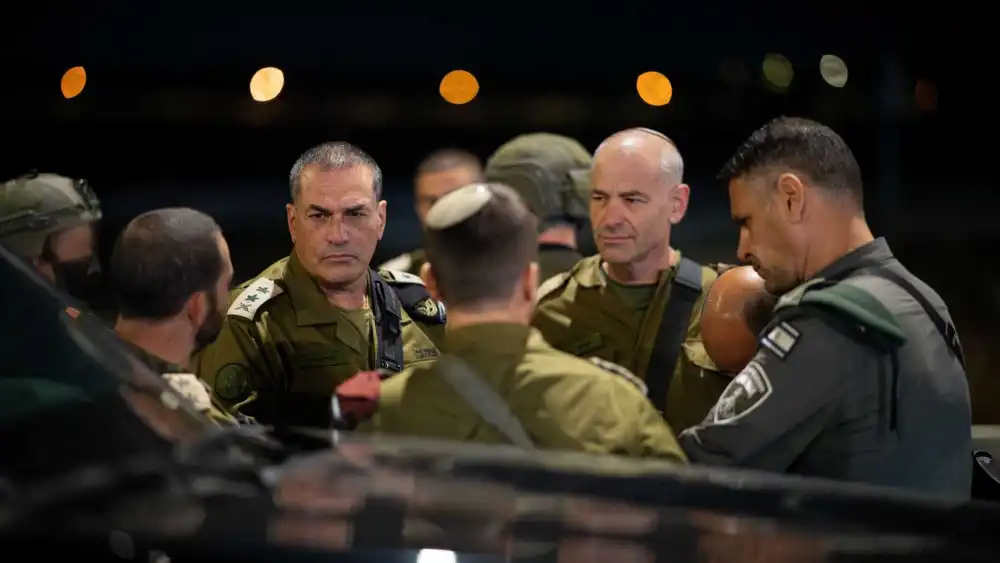 IDF Chief of Staff Lt. Gen. Eyal Zamir, accompanied by senior commanders, surveys the scene of the deadly terrorist attack at Gush Etzion Junction on Nov. 18, 2025. Credit: IDF.
