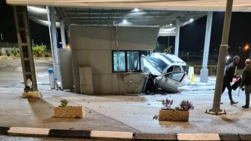The scene of a car-ramming attack at the Te’enim checkpoint, near Tulkarm in Judea and Samaria, Dec. 6, 2021. Credit: Israeli Defense Ministry Border Crossing Authority.