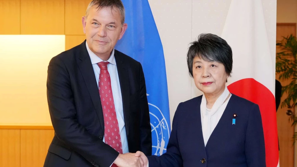 Japan's Foreign Minister Yoko Kamikawa, right, and UNRWA Commissioner General Philippe Lazzarini during a meeting in Tokyo, Japan on March 28, 2024. Source: X/Japan Ministry of Foreign Affairs.