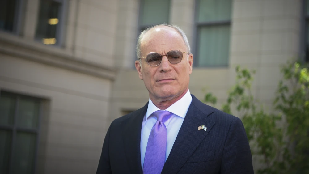 Yechiel Leiter, Israel's ambassador to the United States, speaks to the media after a meeting with U.S. Secretary of State Marco Rubio and Nada Hamadeh, Lebanon's ambassador to the United States, outside the U.S. State Department in Washington, D.C., April 14, 2026. Photo by Arie Leib Abrams/Flash90.