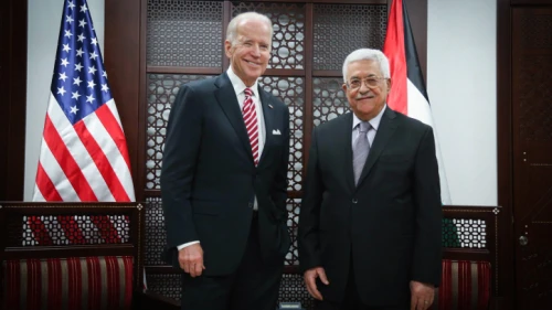 Then-U.S. Vice President Joe Biden with Palestinian Authority chief Mahmoud Abbas in Ramallah, March 9, 2016. Credit: Flash90.