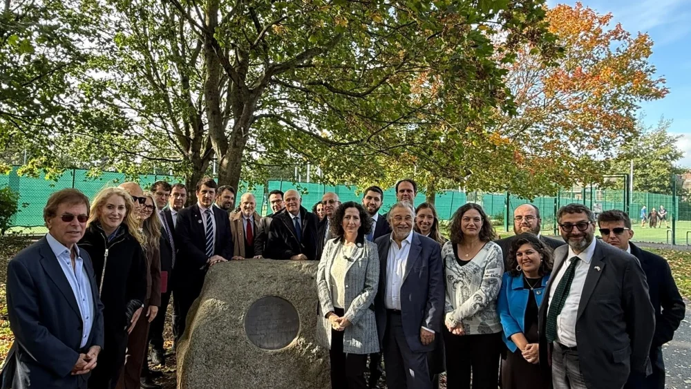 Members of the J7 Large Communities’ Task Force Against Antisemitism gather at Herzog Park in Dublin in solidarity with Ireland’s Jewish community, Oct. 13, 2026. Credit: Courtesy of ADL.