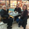 A.B. Yehoshua (left), Edna Assis and Daniel Bouskila having coffee in Givatayim, January 2020. Credit: Courtesy.