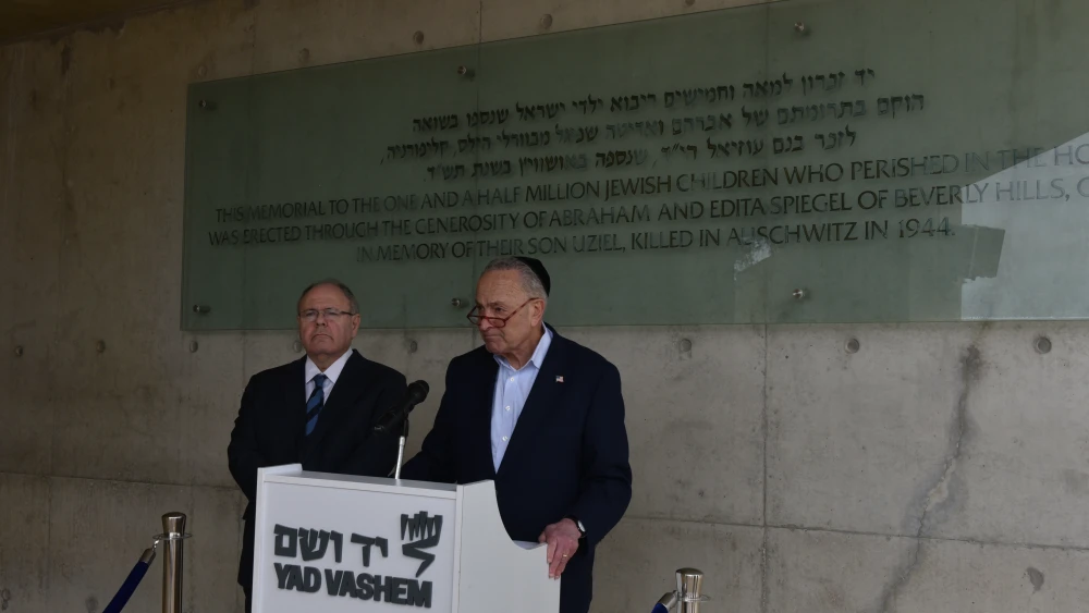 Senate Majority Leader Chuck Schumer (D-N.Y.) with Dani Dayan, chairman of Yad Vashem, the World Holocaust Remembrance Center in Jerusalem, on Feb. 24, 2023. Credit: Courtesy.