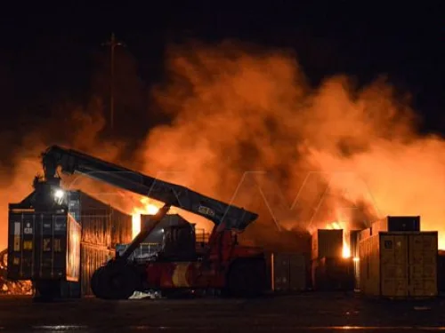 The aftermath of an alleged Israeli missile strike on the container yard of Syria's Latakia port, Dec. 28, 2021. Credit: Syrian Arab News Agency.
