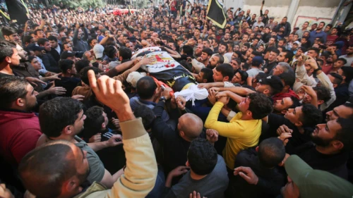 Mourners carry the body of Palestinian Islamic Jihad field commander Baha Abu al-Ata during his funeral in Gaza City after he was killed by an Israeli strike on Nov. 12, 2019. Photo by Hassan Jedi/Flash90.