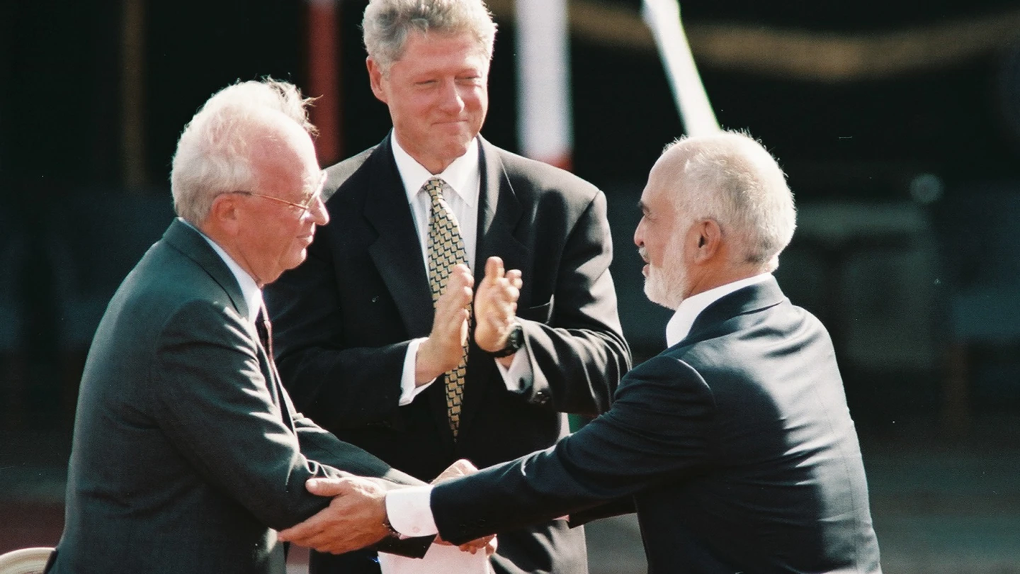 Former United States President Bill Clinton, former Israeli Prime Minister Yitzhak Rabin and former King Hussein of Jordan during the peace treaty in Aqaba, Jordan. Photo by Nati Shohat/Flash90