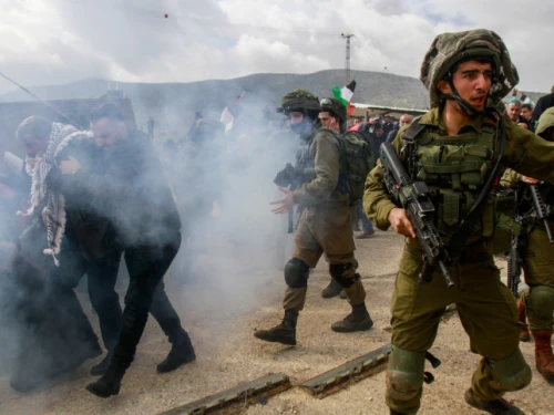 Palestinians clash with Israeli soldiers near the town of Tubas in Judea and Samaria, during a demonstration against U.S. President Donald Trump's peace proposal on on Jan. 29, 2020. Photo by Nasser Ishtayeh/Flash90.