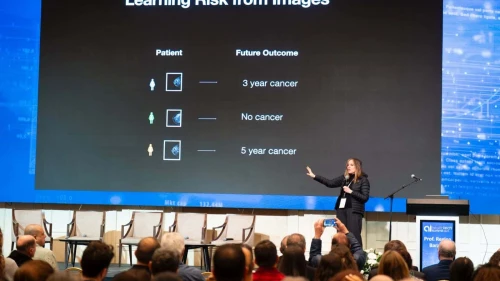 MIT Professor Regina Barzilay addresses the HealthTech Ai Summit 2025 in Tel Aviv on Monday. Credit: Rami Zarenger, December 29, 2025.