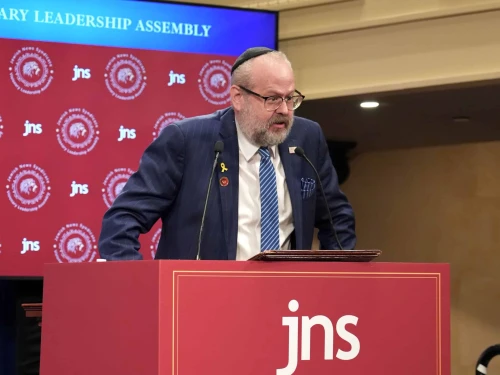 Rabbi Yehuda Kaploun speaks at the JNS Visionary Leadership Assembly in New York City on Sept. 28, 2025, sharing how Jewish identity guides his work as U.S. special envoy–designate to combat antisemitism. Credit: JNS.