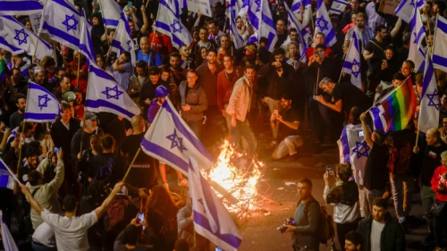 Israelis protest against the Israeli government's planned judicial overhaul in Tel Aviv on March 25, 2023. Photo by Erik Marmor/Flash90.