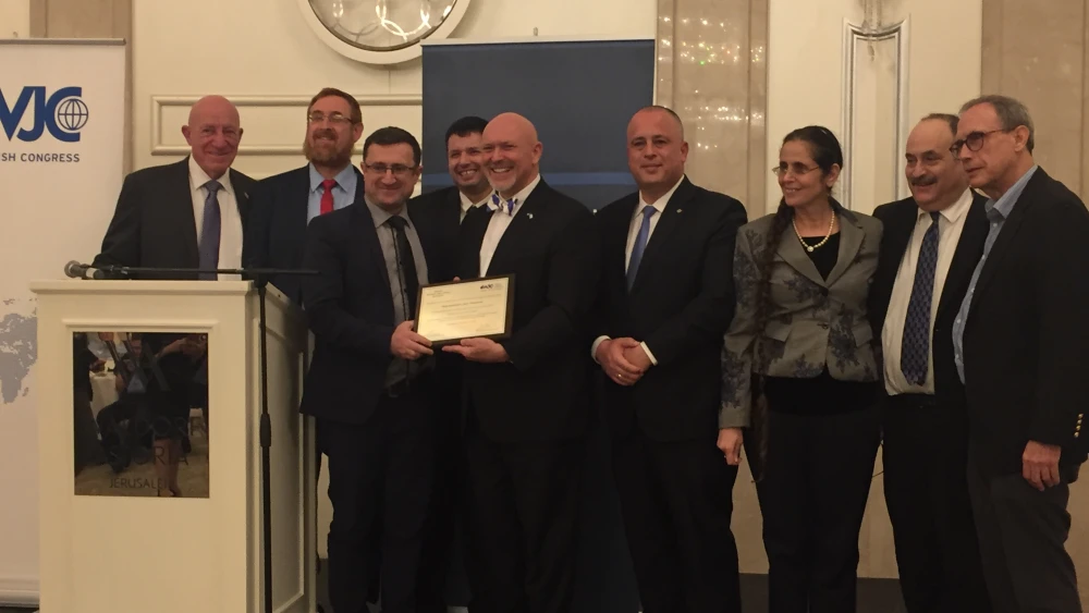 Members of the Knesset Christian Allies Caucus present South Carolina State Representative Alan Clemmons with a lifetime achievement award, at the Night to Honor Christian Allies, on February 16, 2018. Credit: Alex Traiman.