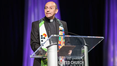 At the United Church of Christ (UCC) General Synod in Cleveland in 2017, Rev. Mitri Raheb, a Palestinian Christian and pastor of the evangelical Lutheran Church in Jordan and the Holy Land, called the UCC's resolution to divest from Israel "a strong signal that [Palestinians] are not alone, and that there are churches who still dare to speak truth to power and stand with the oppressed.” Credit: United Church of Christ/Flickr.