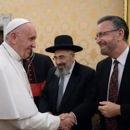 Rabbi David Rosen (far left) during a private audience with Pope Francis during the 16th Meeting of the Joint Commission of the Chief Rabbinate of Israel and the Holy See at the Vatican, November 2018. Credit: Courtesy.