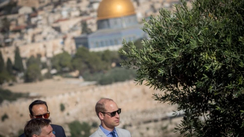Prince William, Duke of Cambridge, tours the Mount of Olives overlooking the Temple Mount on an official visit to Israel, June 28, 2018. Photo by Yonatan Sindel/Flash90.