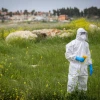 A Magen David Adom worker wearing protective clothing as a preventive measure against the coronavirus arrives to test a patient with symptoms of COVID-19 in the northern Israeli city of Tzfat, March 31, 2020. Photo by David Cohen/Flash90.
