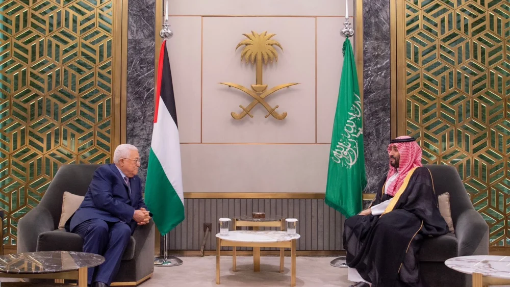 Palestinian Authority leader Mahmoud Abbas with Saudi Crown Prince Mohammed bin Salman in Jeddah, Saudi Arabia, April 18, 2023. Source: Saudi Foreign Ministry/Twitter.