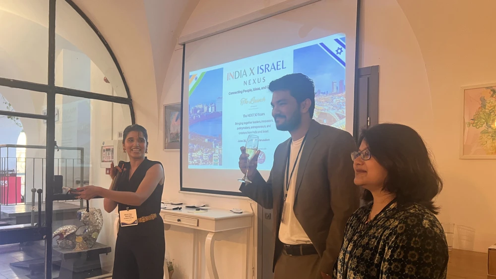 The founders of India x Israel Nexus, Revital Moses, Joyston D’Mello and Paushali Lass address its inaugural meeting in Jerusalem, June 25, 2026. Credit: Courtesy.