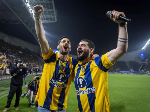 Former hostages, Brothers Gali and Ziv Berman, at the Israeli Premier League match between Beitar Jerusalem and Maccabi Tel Aviv F.C. at the Bloomfield Stadium in Tel Aviv, Nov. 9, 2025. Photo by Oren Ben Hakoon/Flash90.