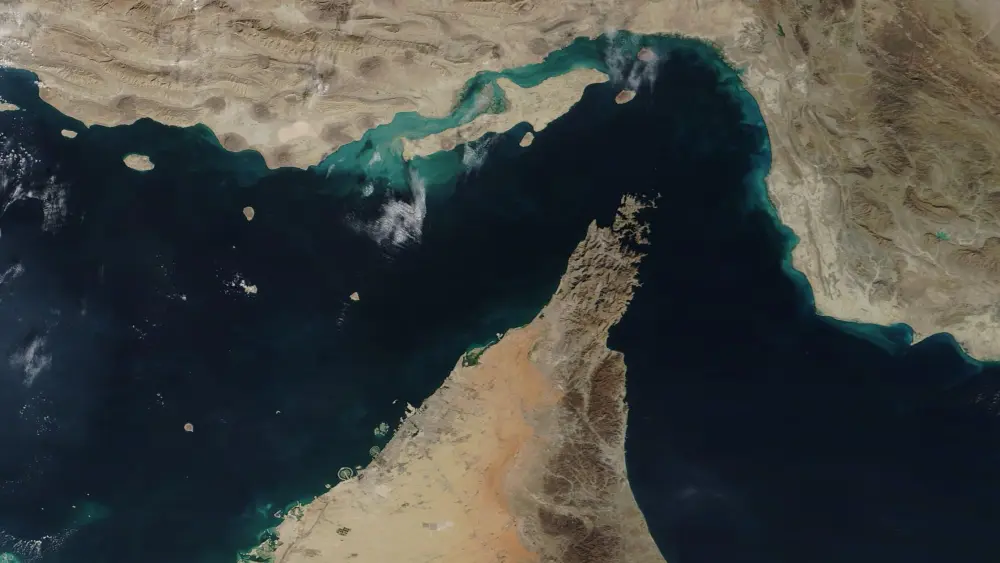 The Strait of Hormuz, which lies between the Persian Gulf and the Gulf of Oman, separating Iran (north) from the Arabian Peninsula (south), Dec. 2, 2020. Credit: MODIS Land Rapid Response Team/NASA.
