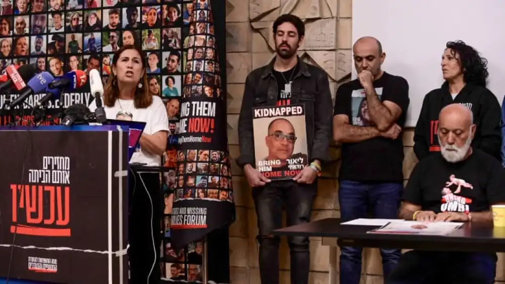 Relatives of Israelis held hostage by Hamas terrorists in Gaza since the Oct. 7 massacre hold a press conference in Tel Aviv on Dec. 4, 2023. Photo by Tomer Neuberg/Flash90.