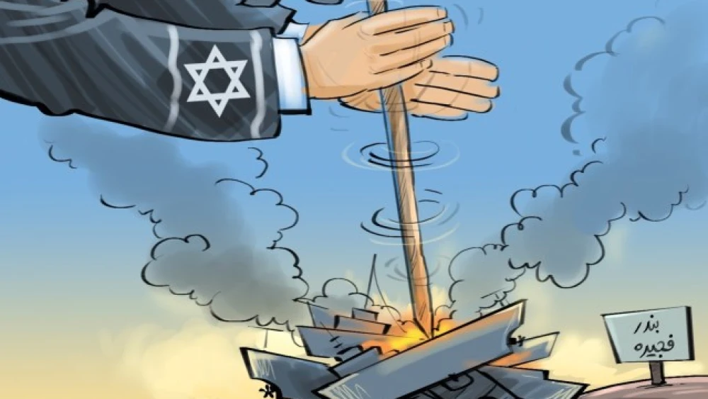 Fars News cartoon implies that the “war-mongering” Zionist regime is behind the attack in Fujairah (Iran).