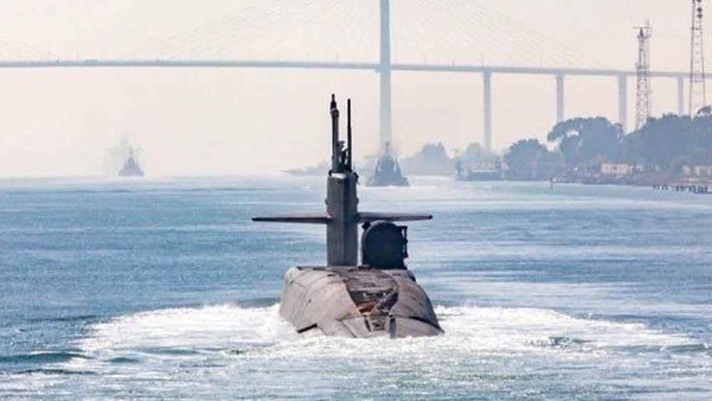 This image of a U.S. Ohio-class submarine apparently traversing the Suez Canal was released by U.S. Central Command on Nov. 5, 2023. Photo: USCENTCOM.