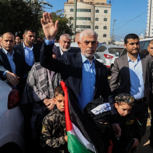Yahya al-Sinwar, leader of Hamas in the Gaza Strip, at a rally in Gaza City marking the 35th anniversary of the Islamist movement, Dec. 14, 2022. Photo by Atia Mohammed/Flash90.