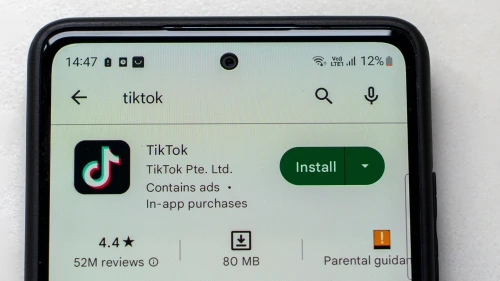 Cell phone with TikTok application in Play Store before installation. Credit: Igal Vaisman/Shutterstock.