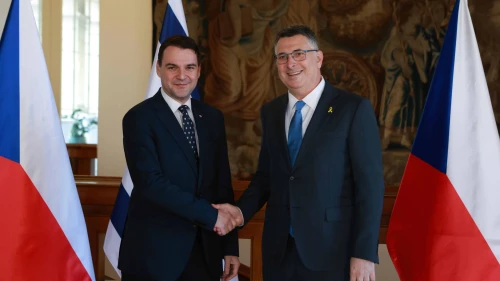 Israeli Foreign Minister Gideon Sa'ar meets in Prague with the Czech Deputy Prime Minister and Foreign Minister Petr Macinka, Jan. 20, 2026. Credit: MfA/Shalev Man.