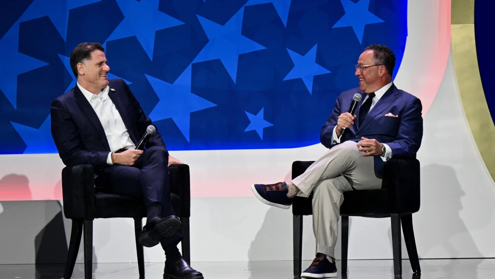 Former Israeli strategic affairs minister Ron Dermer (left) speaks with Matthew Brooks, CEO of the Republican Jewish Coalition, at the RJC conference in Las Vegas on Aug. 31, 2026. Credit: Republican Jewish Coalition.