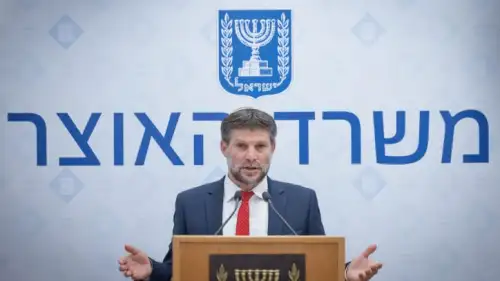 Israeli Finance Minister Bezalel Smotrich holds a press conference in Jerusalem, on Aug. 9, 2023. Photo by Chaim Goldberg/Flash90.