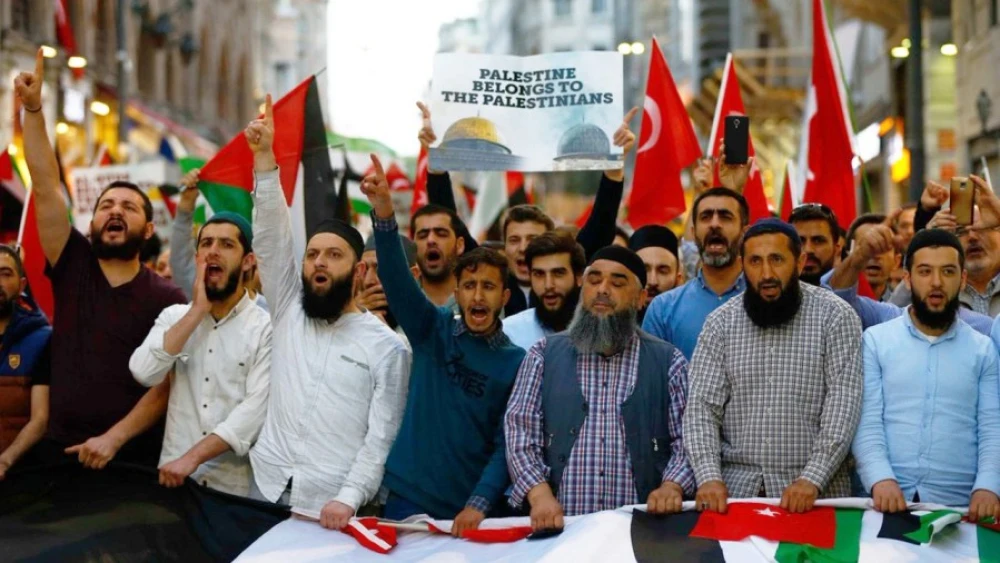 Protesters in Turkey demonstrate against the Trump administration's “Peace to Prosperity” conference and Mideast peace plan in Bahrain, July 2019. Credit: TRT Arabic, Turkey.