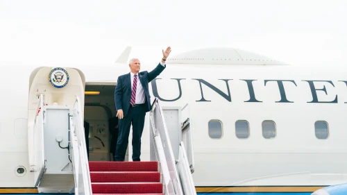 U.S. Vice President Mike Pence prepares to board Air Force Two at Joint Base Andrews, Md. en route to Southern Wisconsin Regional Airport in Janesville, Wis., on Aug. 19, 2020. Credit: Delano Scott/The White House.