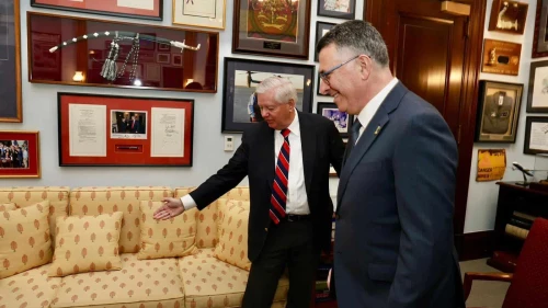 Israeli Foreign Minister Gideon Sa'ar and Sen. Lindsey Graham (R-S.C.) during a meeting on Capitol Hill, Dec. 9, 2025. Credit: Israeli Foreign Ministry.