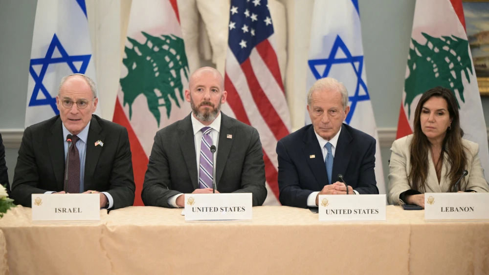 Israeli Ambassador to the U.S. Yechiel Leiter, from left, State Department Chief of Staff Daniel Holler, U.S. Ambassador to Lebanon Michel Issa and Lebanese Ambassador to the U.S. Nada Hamadeh attend a meeting between Israeli and Lebanese delegations at the State Department in Washington, June 3, 2026. Photo by Oliver Contreras/AFP via Getty Images.