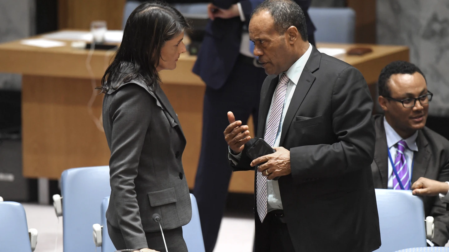 U.S. Ambassador to the United Nations Nikki Haley speaks with Tekeda Alemu, Permanent Representative of Ethiopia to the United Nations, before the U.S. Security Council meeting on Mideast issues. Credit: U.N. Photo/Evan Schneider.