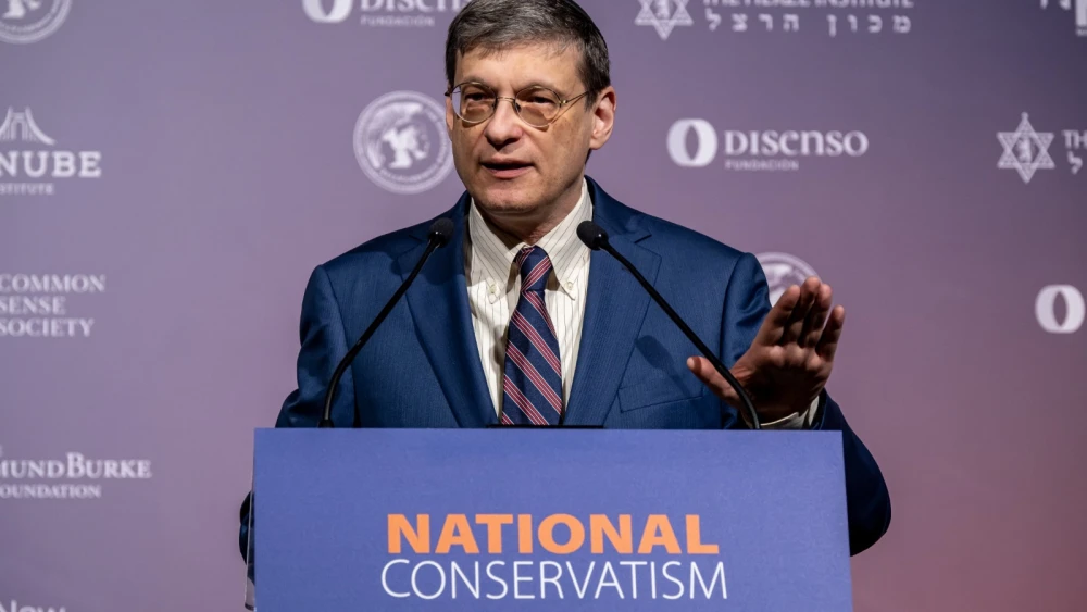 Yoram Hazony, president of the Herzl Institute in Jerusalem, speaking at the European National Conservatism Conference in March 2022. Credit: Courtesy.