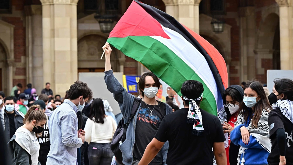 Pro-Palestinian students and activists demonstrate at the University of California, Los Angeles (UCLA) on April 25, 2024. Photo by Frederic J. Brown/AFP via Getty Images.