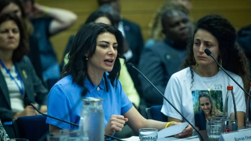 Syrian-Lebanese peace activist Rawan Osman addresses a meeting of the “Global Women’s Coalition Against Gender-Based Violence as a Weapon of War" at the Knesset in Jerusalem, May 20, 2024. Photo by Yonatan Sindel/Flash90.