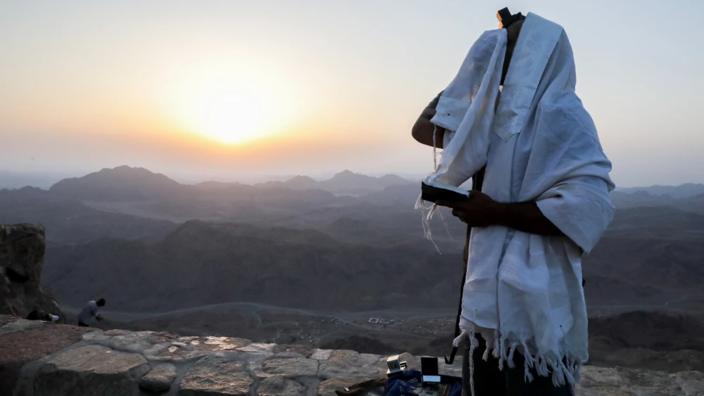 A Jewish man at prayer in Jabal Mousa in the Sinai Peninsula in Egypt, Aug. 12, 2022. Photo by Yossi Zamir/Flash90.