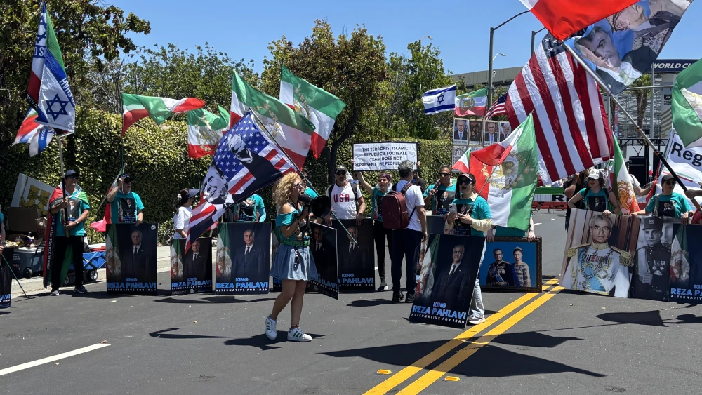 Protesters chant against the Iranian regime across the street from SoFi Stadium, where Iran played New Zealand in the FIFA World Cup, in Inglewood, Calif., on June 15, 2026. Photo by Aaron Bandler.