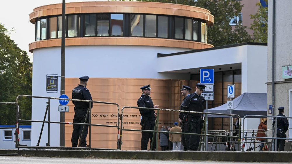 Policemen stand guard outside the Weill-Synagogue in in Dessau-Rosslau, eastern Germany, on October 22, 2023. Photo by HENDRIK SCHMIDT/POOL/AFP via Getty Images.