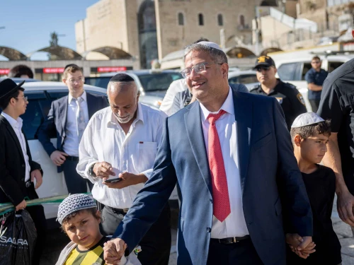 Israeli National Security Minister Itamar Ben-Gvir at an entrance to the Temple Mount before entering, in Jerusalem's Old City. Oct. 8, 2025. Photo by Chaim Goldberg/Flash90.