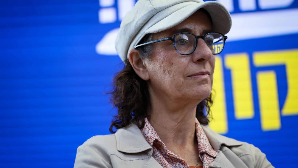 Nadia Matar attends a press conference of near the Knesset in Jerusalem, calling for the planned judicial overhaul to be passed, June 12, 2023. Photo by Noam Revkin Fenton/Flash90.