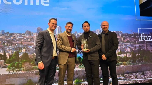 Samuel Rodriguez receives an award for suoort for Israel at Jerusalem's Friend of Zion Museum on Monday night. Credit Tal Marom.