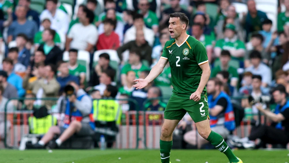 Republic of Ireland's defender Seamus Coleman reacts as tennis balls with Palestinian flags on them are thrown onto the pitch during the international friendly football match between the Republic of Ireland and Qatar, at the Aviva Stadium in Dublin, Ireland on May 28, 2026. Photo by Paul Faith / AFP via Getty Images.