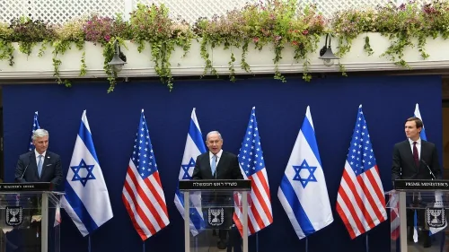 Israeli Prime Minister Benjamin Netanyahu hosts U.S. President Donald Trump senior adviser Jared Kushner and U.S. National Security Adviser Robert O’Brien, for a joint press conference ahead of the first commercial flight between Israel and the United Arab Emirates on August 30, 2020. Photo: Amos Ben-Gershom/GPO.