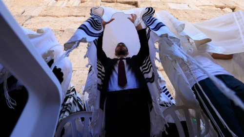 Jewish priests, or kohanim, perform the Priestly Blessing at the Western Wall in Jerusalem's Old City during morning prayers on the second day of Sukkot, Sept. 22, 2021. Photo by Olivier Fitoussil/Flash90.