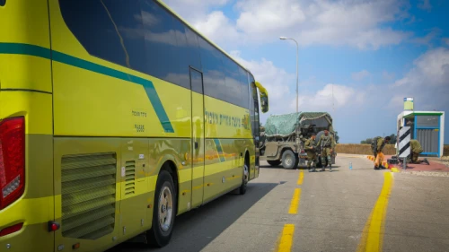 Israeli soldiers block a road near the border with the Gaza Strip, May 9, 2023. Credit: Flash90.